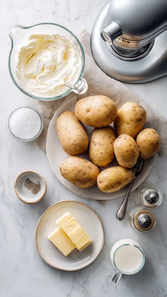 Mashed potato ingredients including russet potatoes, butter, heavy cream, and seasonings on marble counter