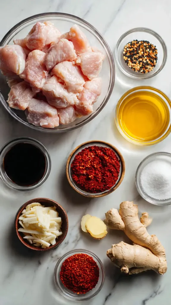 Korean popcorn chicken ingredients including gochugaru, gochujang, chicken thighs, and potato starch arranged on marble counter