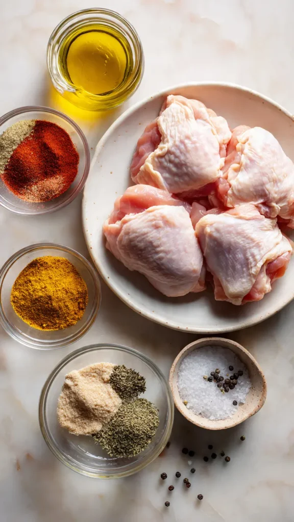 Raw boneless skinless chicken thighs surrounded by olive oil and dry seasonings on marble surface