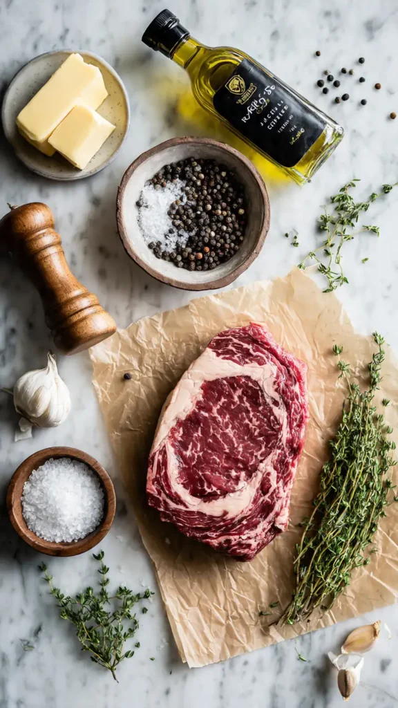 Raw ribeye steak with salt, pepper, butter, garlic, and fresh herbs arranged on marble countertop