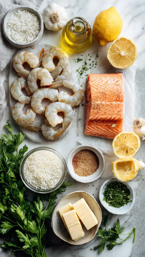 All the ingredients needed to make Southern garlic butter shrimp and salmon over rice, including fresh seafood and aromatics