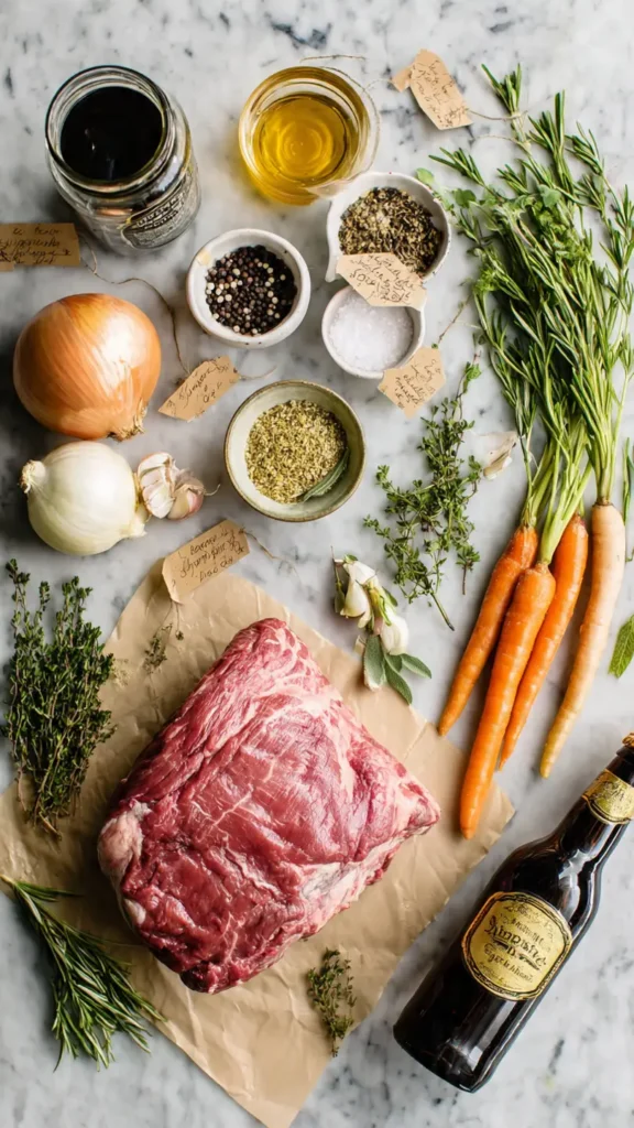 Complete ingredient layout for making authentic German-style beef roast with traditional spices like caraway, fresh herbs, and dark beer for braising
