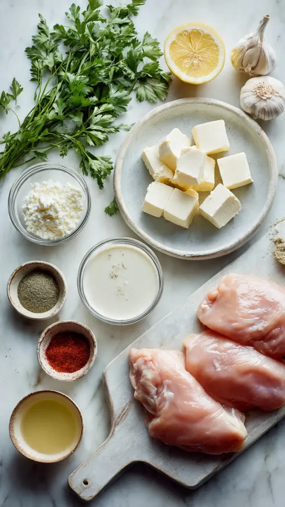 Fresh ingredients for butter chicken skillet recipe including chicken breasts, butter, cream, garlic, and herbs on marble countertop