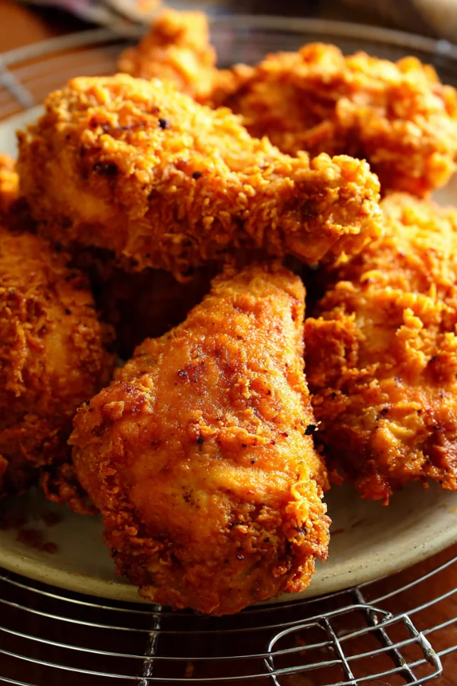 Extra crispy fried chicken with golden-brown coating on white platter with coleslaw