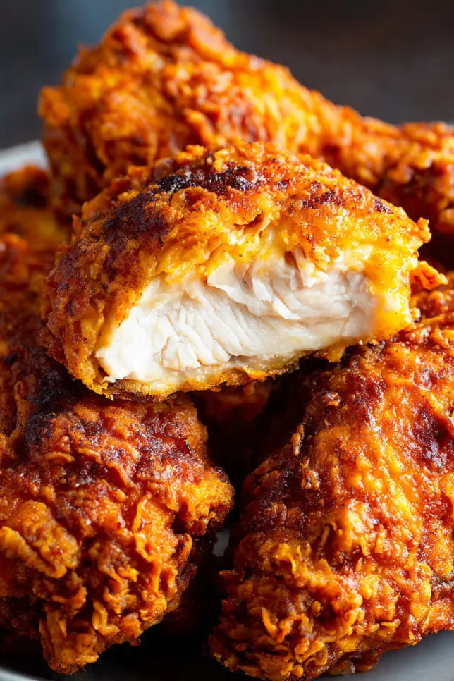 Extra crispy fried chicken with golden-brown coating on white platter with coleslaw