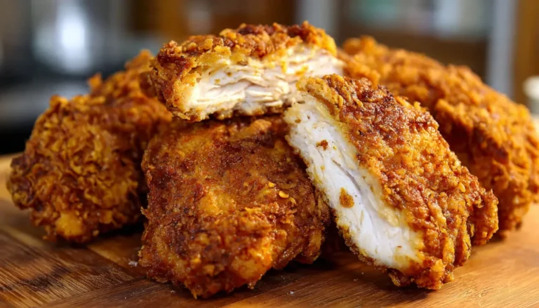 Extra crispy fried chicken with golden-brown coating on white platter with coleslaw