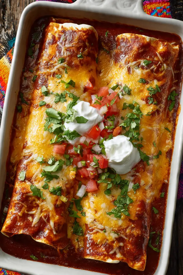Freshly baked wet burritos covered in red enchilada sauce and melted cheese in white baking dish