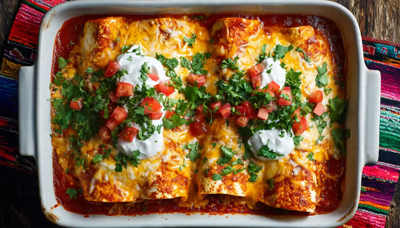 Freshly baked wet burritos covered in red enchilada sauce and melted cheese in white baking dish