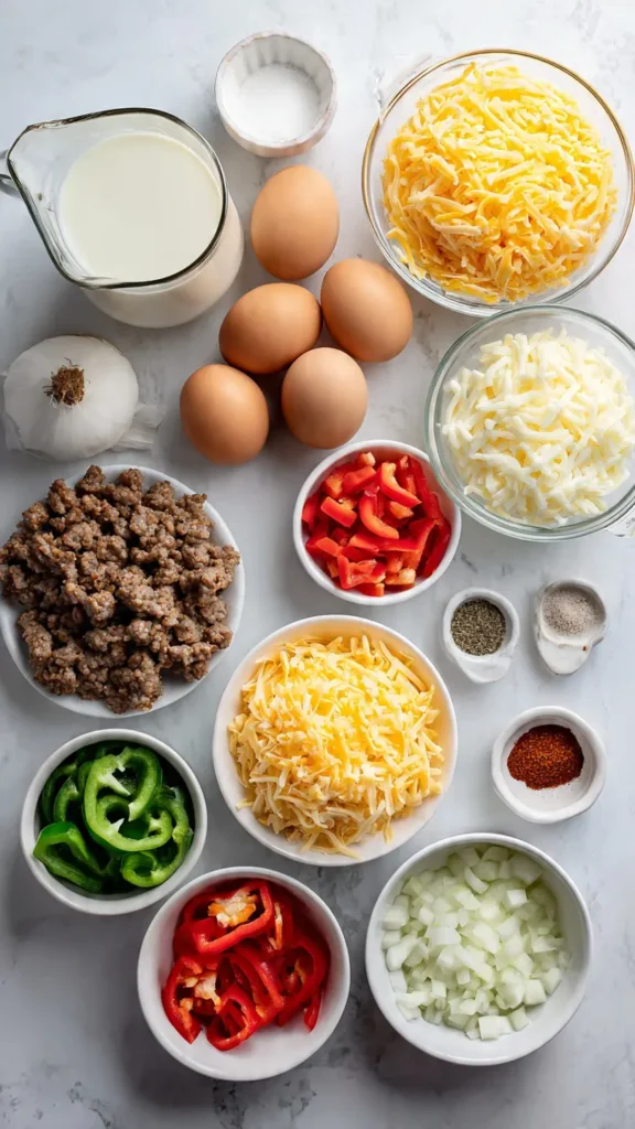 Farmer's casserole ingredients laid out including hash browns, sausage, eggs, cheese, peppers and seasonings on white marble counter