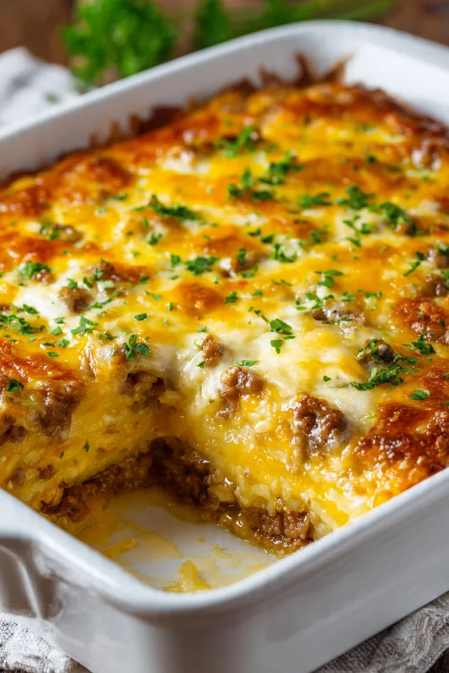 Golden baked farmer's casserole in white baking dish showing layers of hash browns, sausage, eggs and melted cheese on wooden table