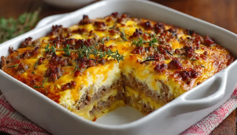 Golden baked farmer's casserole in white baking dish showing layers of hash browns, sausage, eggs and melted cheese on wooden table