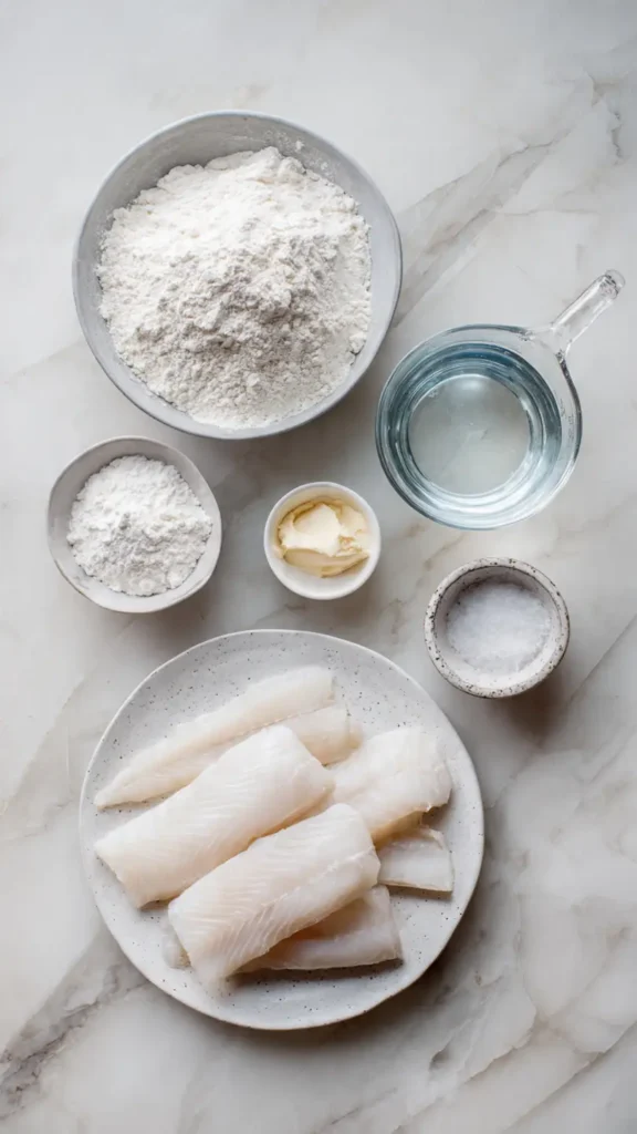 All ingredients for fish batter recipe laid out on white marble countertop including flour, cornstarch, and seasonings