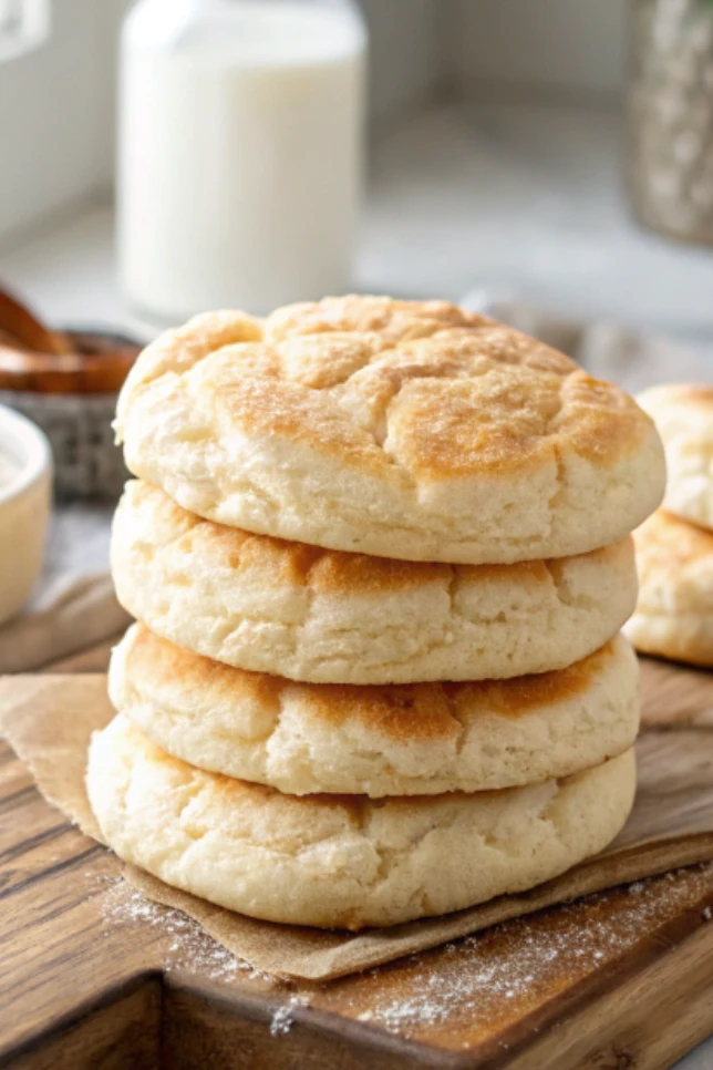 Stack of golden fluffy cloud bread rounds on wooden board showing light airy texture perfect for keto diet