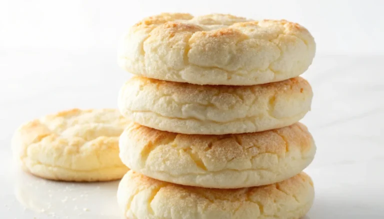 Stack of golden fluffy cloud bread rounds on wooden board showing light airy texture perfect for keto diet