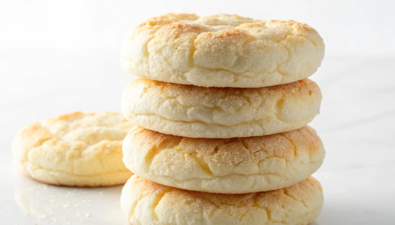 Stack of golden fluffy cloud bread rounds on wooden board showing light airy texture perfect for keto diet