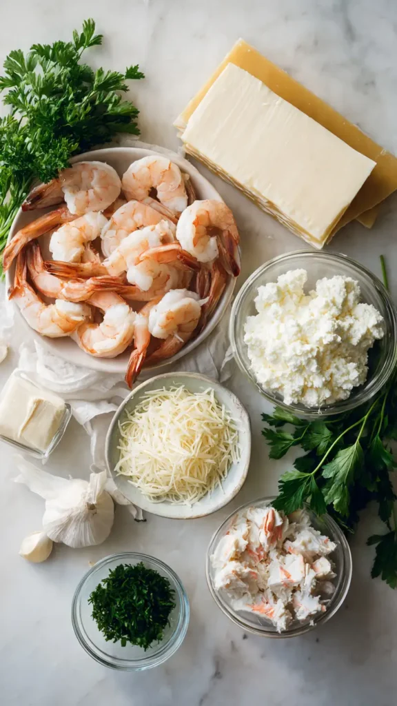 Raw shrimp, crab meat, ricotta cheese, mozzarella, and lasagna noodles arranged on counter