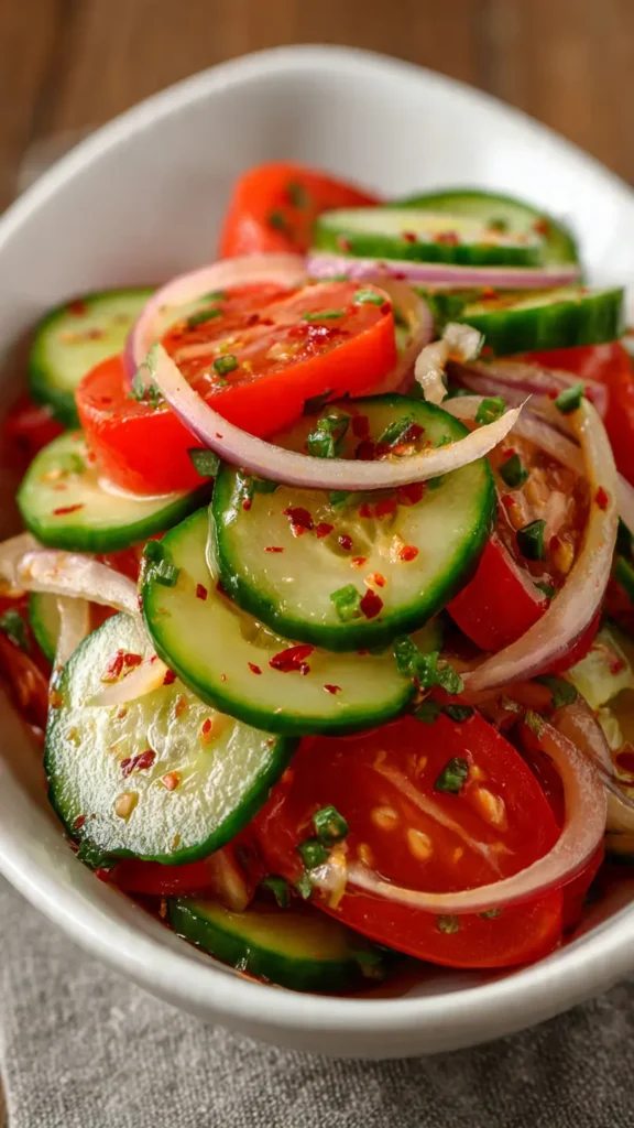 Marinated cucumbers onions and tomatoes in a glass mason jar with fresh vegetables on marble countertop