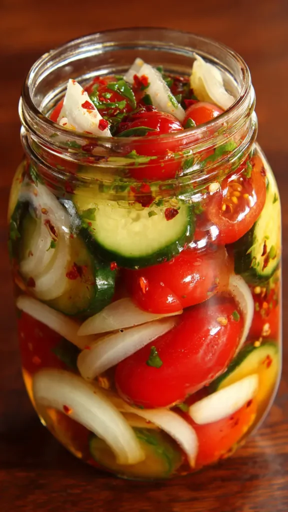 Marinated cucumbers onions and tomatoes in a glass mason jar with fresh vegetables on marble countertop