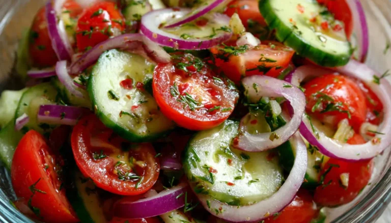 Marinated cucumbers onions and tomatoes in a glass mason jar with fresh vegetables on marble countertop