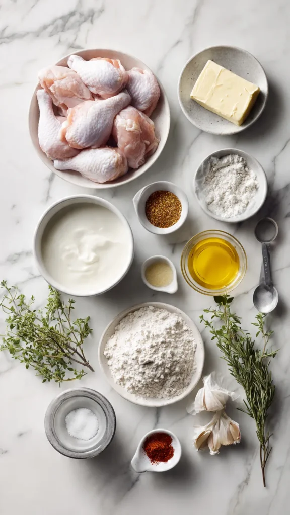 Complete ingredient layout for homemade crispy fried chicken including buttermilk brine, coating spices, and fresh chicken