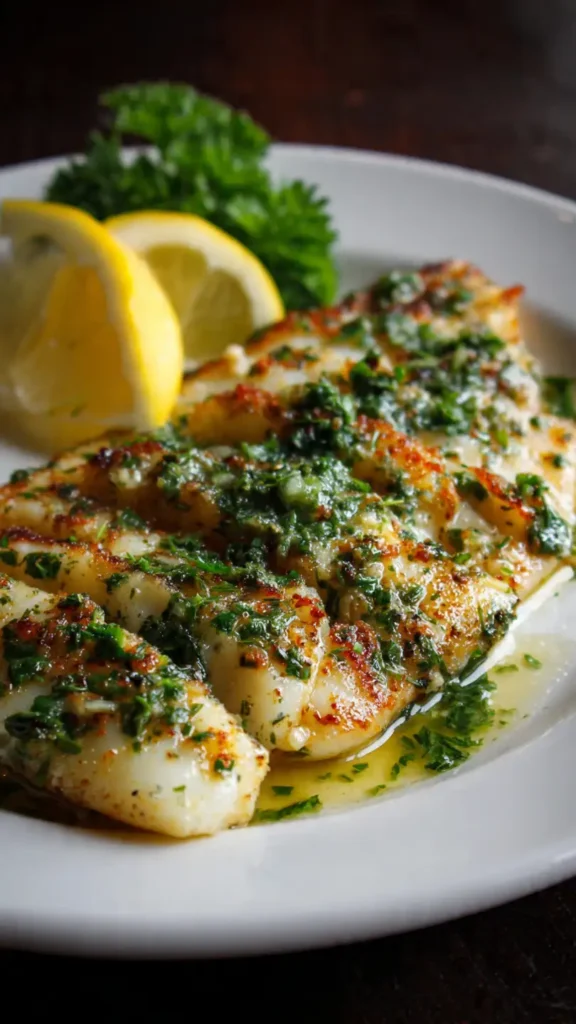 Golden pan-seared fish fillet with garlic butter sauce, fresh parsley, and lemon wedge on white plate