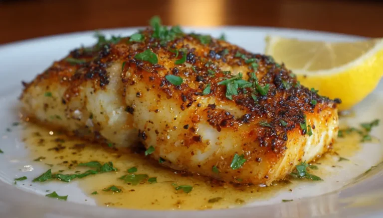 Golden pan-seared fish fillet with garlic butter sauce, fresh parsley, and lemon wedge on white plate