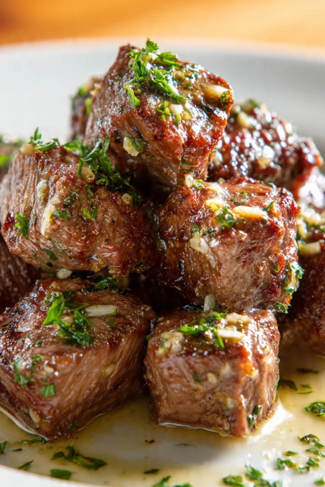 Golden-brown steak bites with garlic butter and fresh parsley on white plate