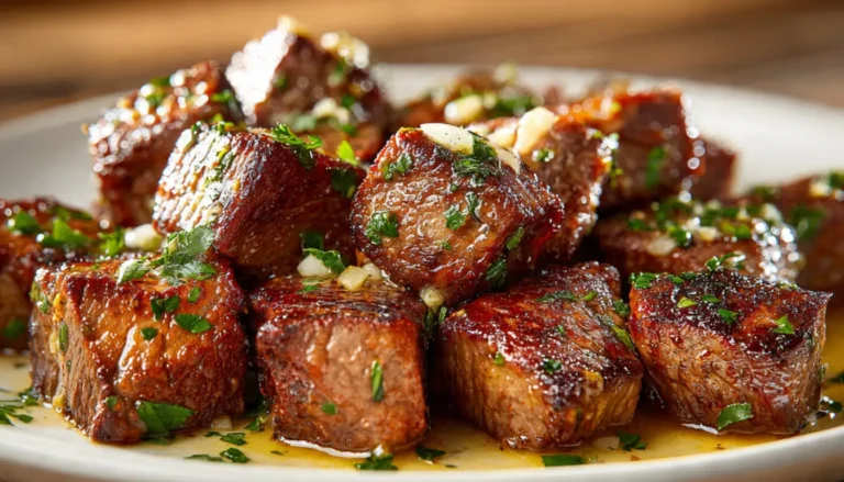 Golden-brown steak bites with garlic butter and fresh parsley on white plate