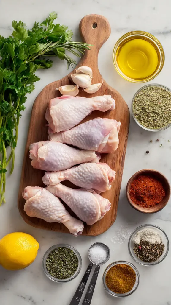 Ingredients for garlic herb roasted chicken drumsticks including raw drumsticks, fresh garlic, herbs, olive oil, and spices on marble counter