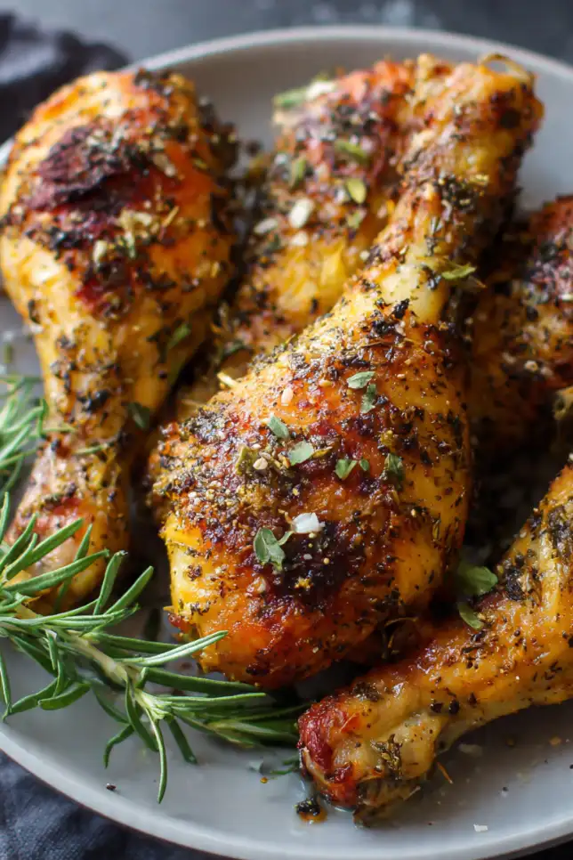 Golden crispy garlic herb roasted chicken drumsticks on white serving platter with fresh parsley and lemon wedges