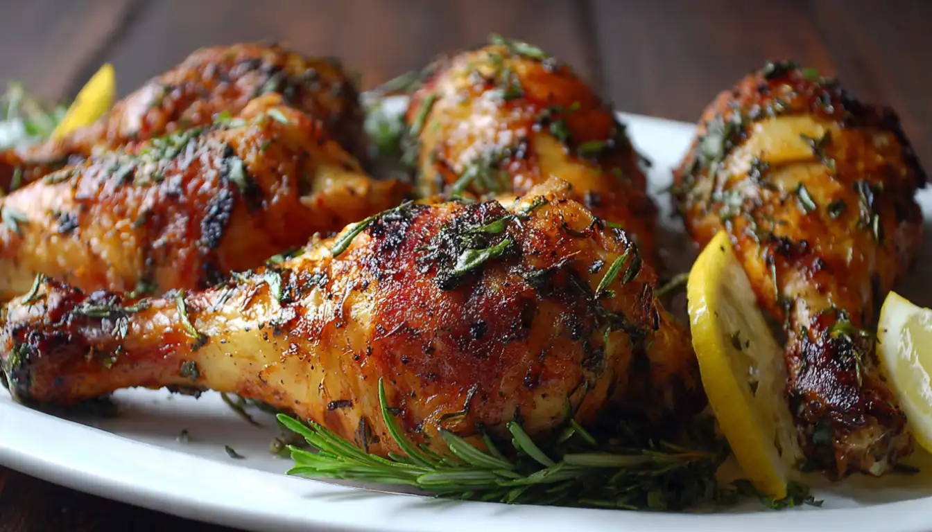 Golden crispy garlic herb roasted chicken drumsticks on white serving platter with fresh parsley and lemon wedges