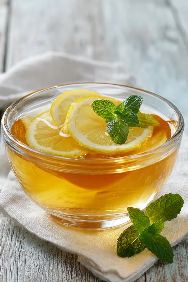 Lemon honey gelatin dessert in a glass bowl garnished with fresh lemon slices and mint leaves