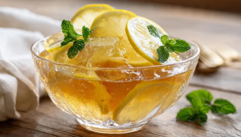 Lemon honey gelatin dessert in a glass bowl garnished with fresh lemon slices and mint leaves