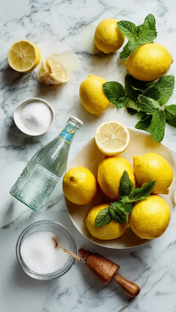 Overhead view of German lemonade ingredients including fresh organic lemons, sugar, sparkling mineral water, and mint leaves arranged on marble countertop