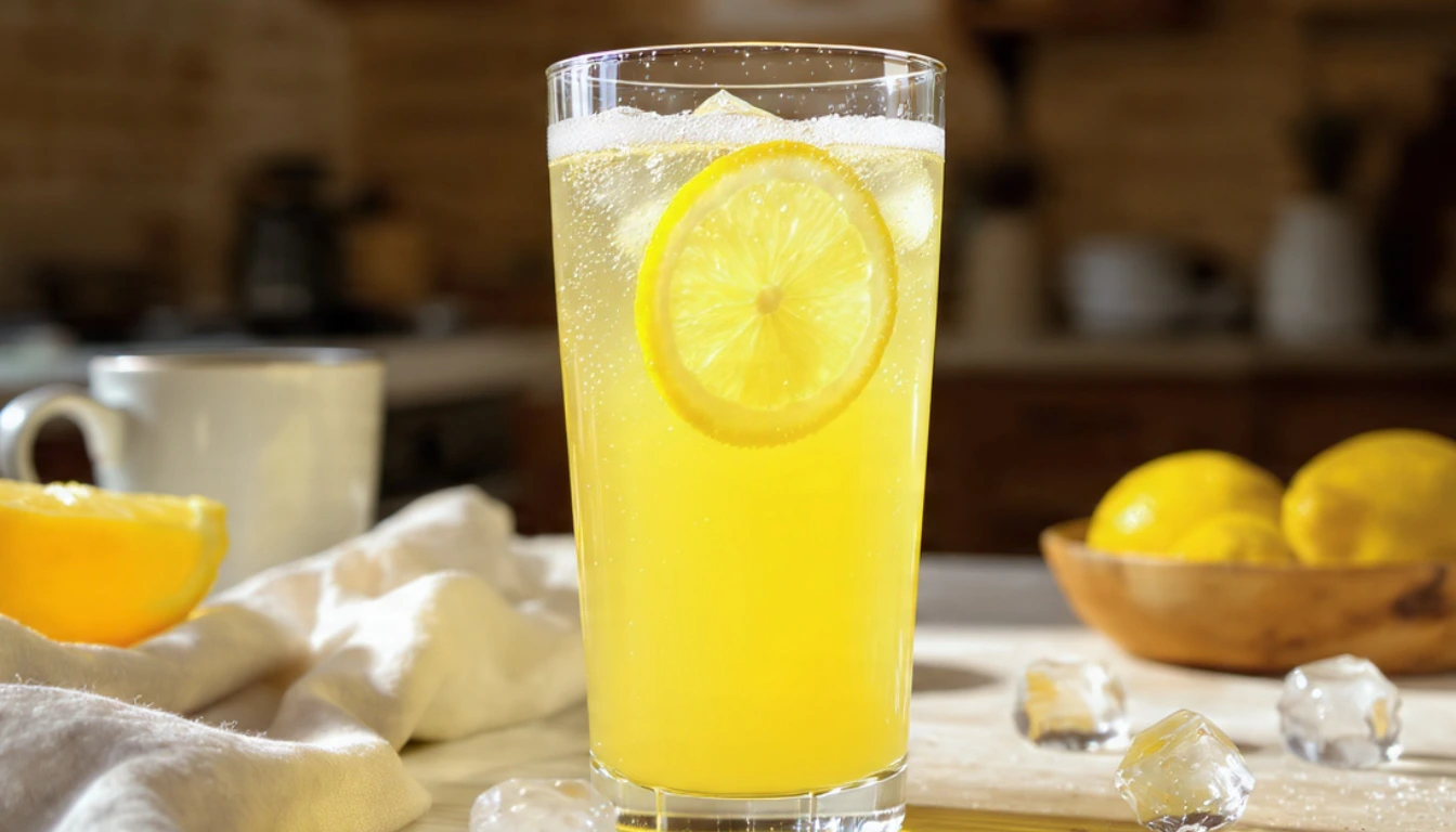 Tall glass of homemade German lemonade with ice cubes, lemon slice, and fresh mint garnish on wooden table with natural lighting