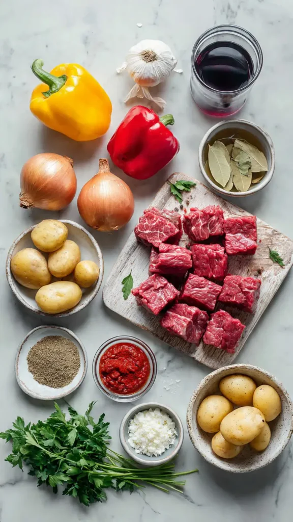 Ingredients for homemade goulash including beef chuck, Hungarian paprika, onions, bell peppers, and fresh herbs arranged on marble countertop