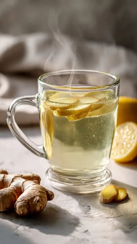 Green tea ginger energizer in a clear glass mug with fresh ginger slices
