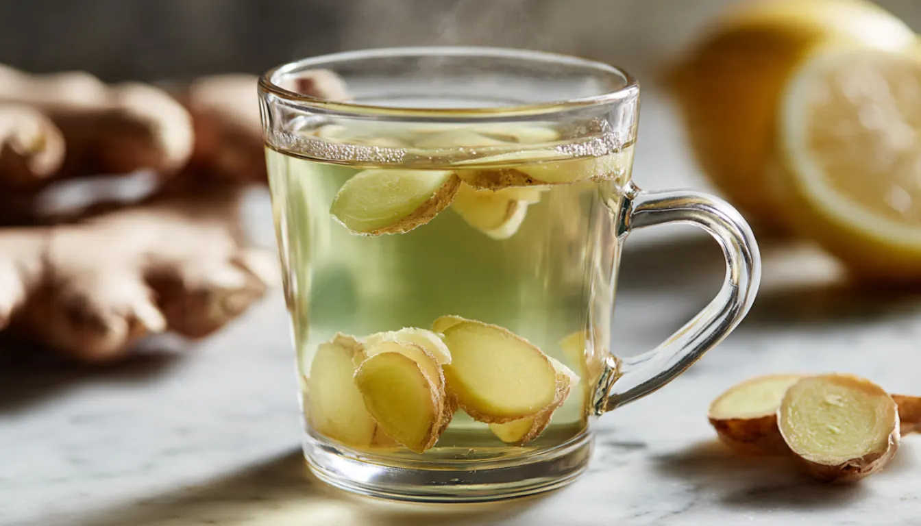 Green tea ginger energizer in a clear glass mug with fresh ginger slices