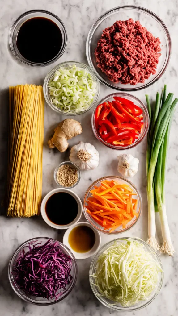 Fresh ingredients for ground beef lo mein including noodles, vegetables, sauces, and ground beef arranged on marble counter