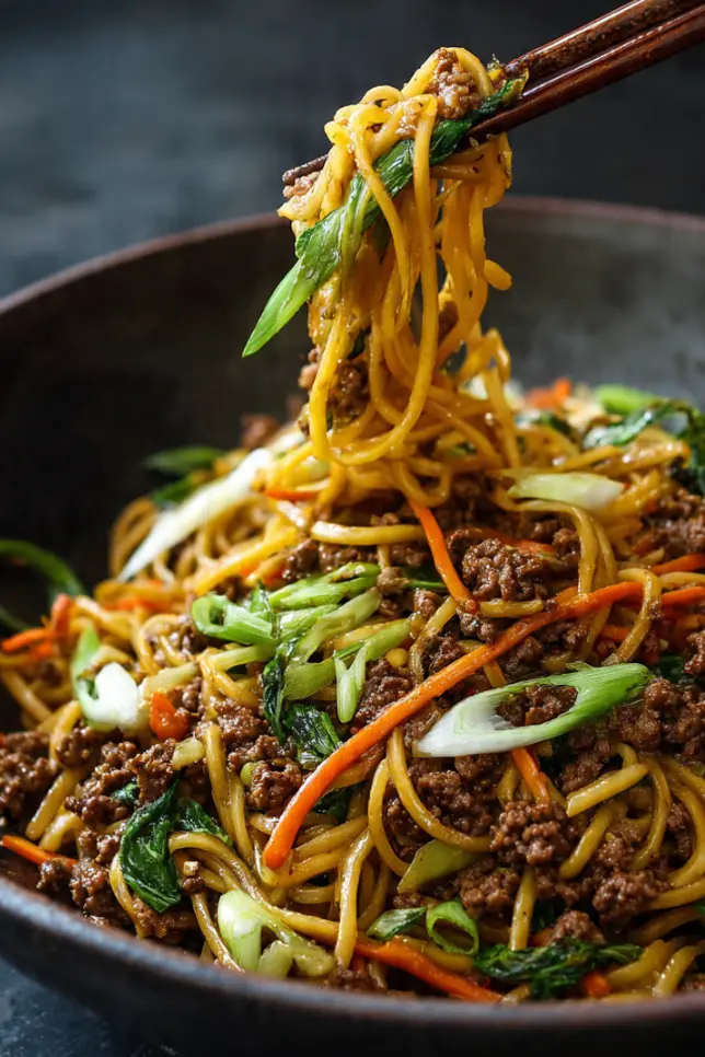 Bowl of ground beef lo mein with noodles, vegetables, and chopsticks on wooden table