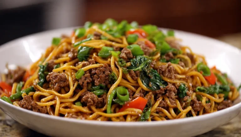Bowl of ground beef lo mein with noodles, vegetables, and chopsticks on wooden table