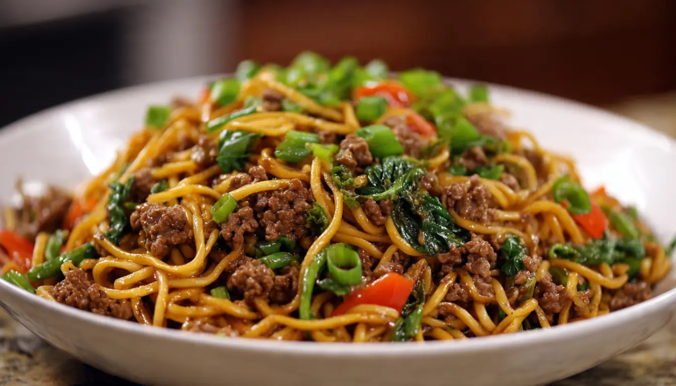 Bowl of ground beef lo mein with noodles, vegetables, and chopsticks on wooden table