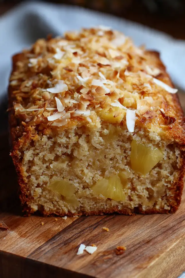 Sliced Hawaiian banana bread loaf on wooden cutting board showing moist golden crumb with pineapple chunks and toasted coconut topping