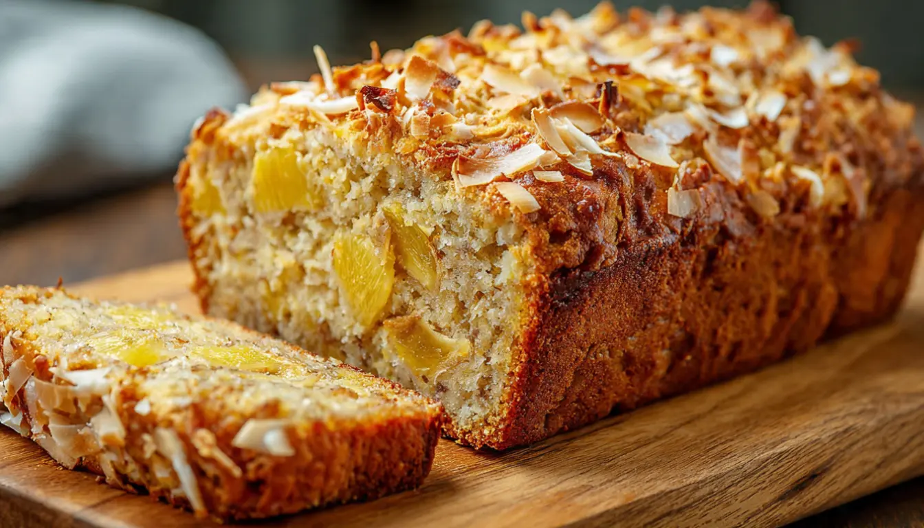 Sliced Hawaiian banana bread loaf on wooden cutting board showing moist golden crumb with pineapple chunks and toasted coconut topping