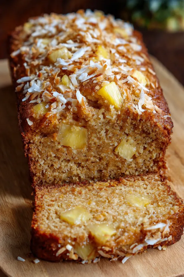 Sliced Hawaiian banana bread loaf on wooden cutting board showing moist golden crumb with pineapple chunks and toasted coconut topping
