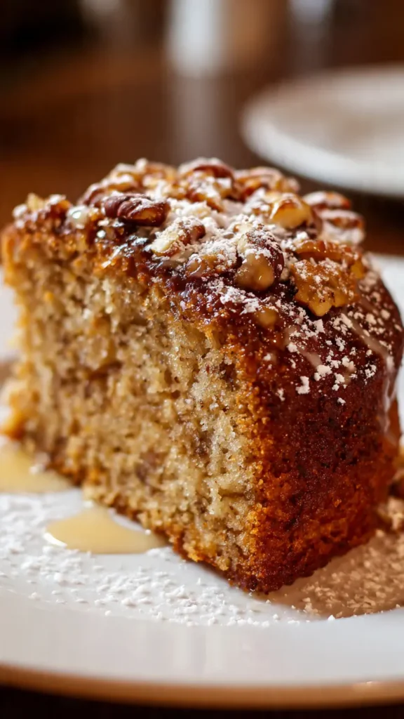 Sliced healthy banana cake on white cake stand with golden brown crumb texture and one slice plated with fork