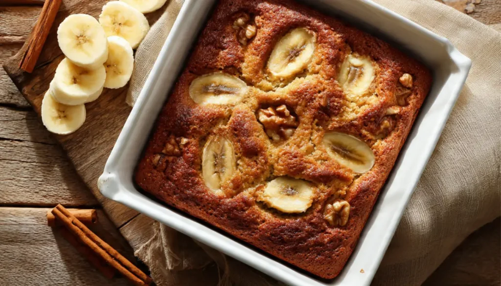 Moist healthy banana cake made with Greek yogurt in white baking dish on wooden table