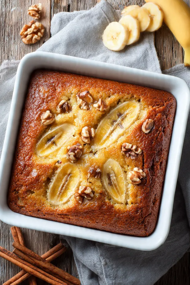 Moist healthy banana cake made with Greek yogurt in white baking dish on wooden table