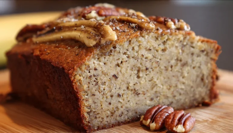 Moist healthy banana cake made with Greek yogurt in white baking dish on wooden table