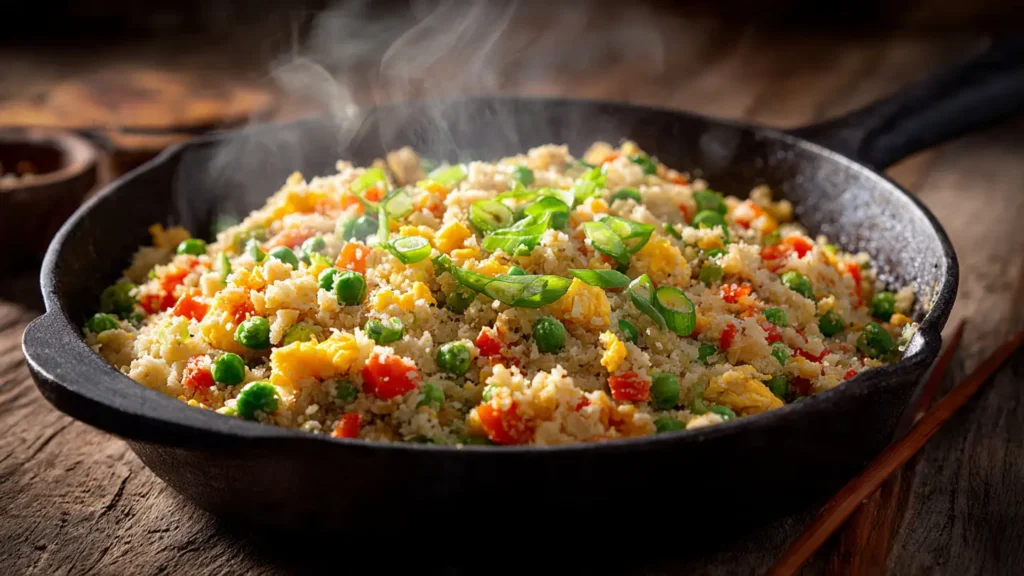 Low-calorie cauliflower fried rice with vegetables and eggs in a cast iron skillet